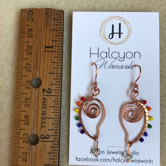 Copper Wire Rainbow Bead Spiral Dangle Earrings - Picture 5 of 5